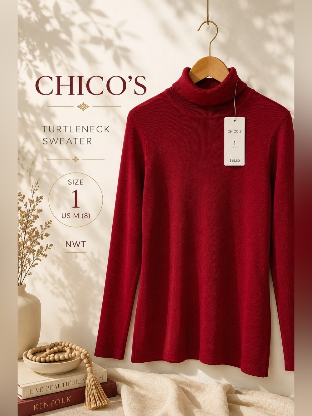 Chico’s Red Turtleneck Sweater Size 1 (US M/8) NWT Cotton Blend